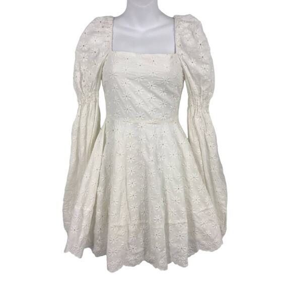 Caroline Constas Wren Mini Dress XS Embroidered Eyelet Cinched Puff Sleeve White